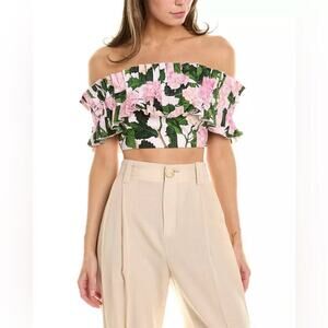 Oscar de la Renta Off-Shoulder Floral Ruffle Detail Top Pink Green 14